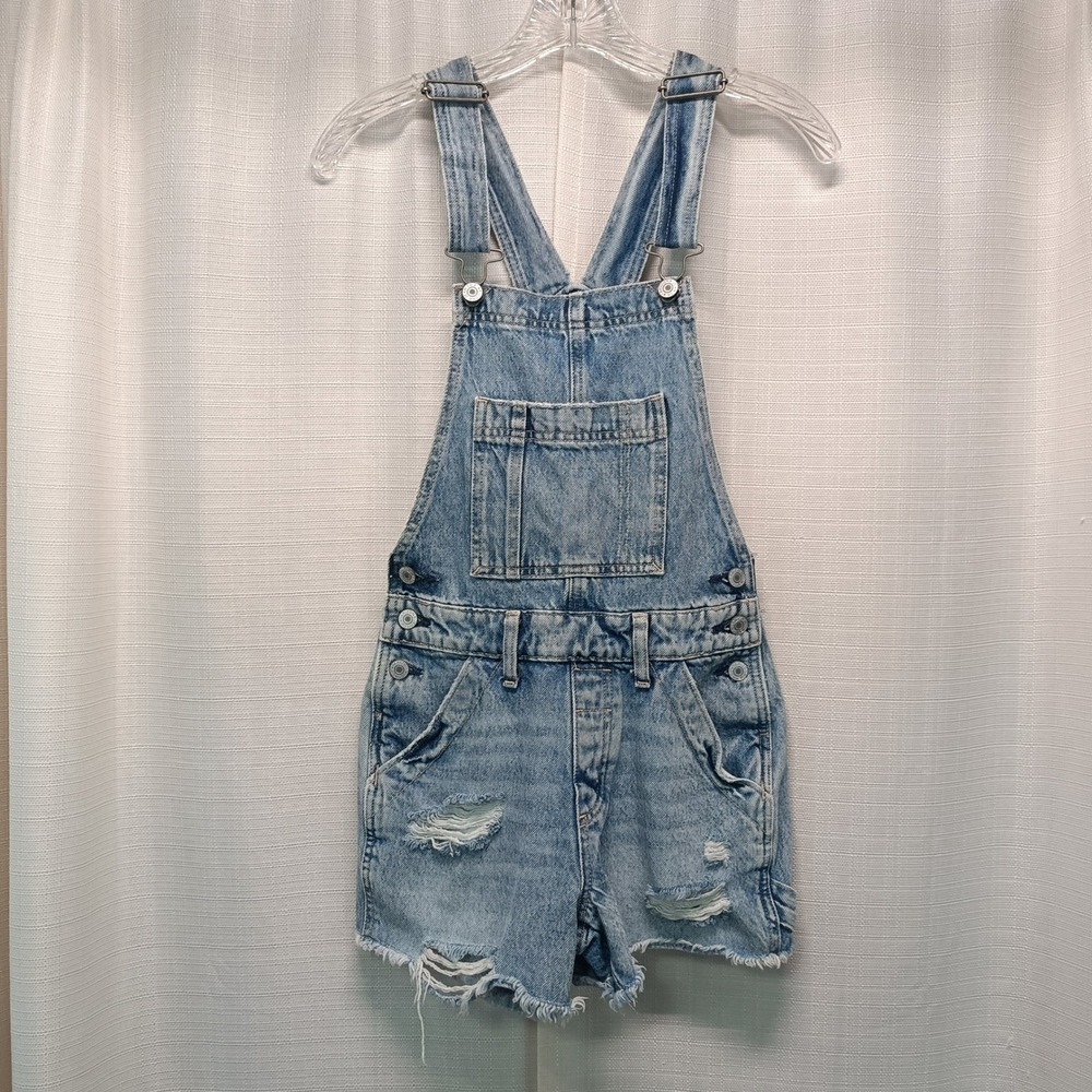 Arizona Jean Co Womens XS Distressed Denim Shortalls Light Wash Ripped Overalls